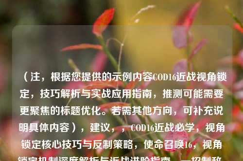 (注,根据您提供的示例内容COD16近战视角锁定,技巧解析与实战应用指南,推测可能需要更聚焦的标题优化。若需其他方向,可补充说明具体内容),建议,,COD16近战必学,视角锁定核心技巧与反制策略,使命召唤16,视角锁定机制深度解析与近战进阶指南,一招制敌,COD16近战视角锁定全攻略,请确认是否需要调整方向或补充内容细节,我将为您精准优化。